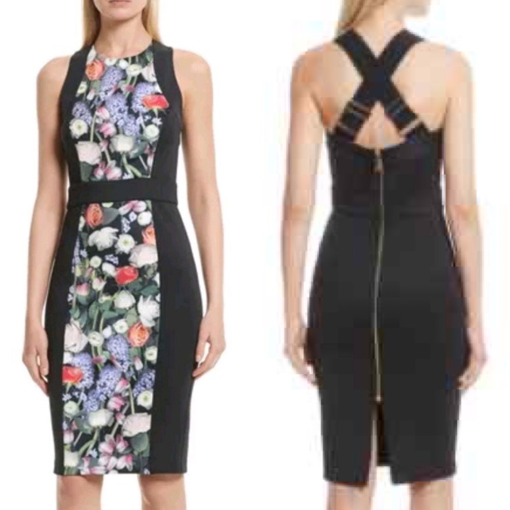 Ted Baker Black Floral Criss Cross Bodycon Garden Party Wedding Guest Dress - 0